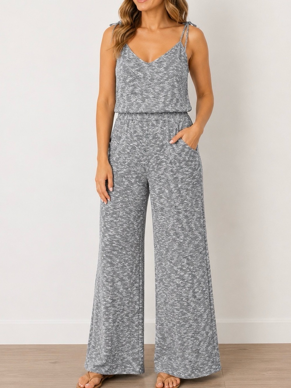 American Eagle Gray Wide-Leg Jumpsuit with Tie Straps lightweight SZ SM